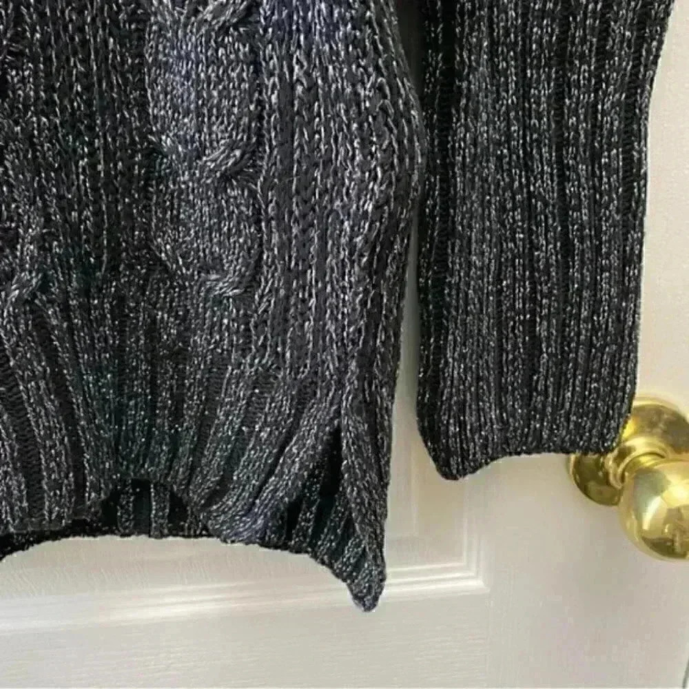 Topshop Oversized Sweater Cable Knit V Neck Tunic Black Silver Metallic Small 4 - Picture 9 of 15